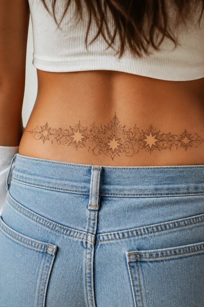 A henna-inspired band wrapping partway across the lower back with open negative-space star shapes inside the pattern, in brown linework and light shading.