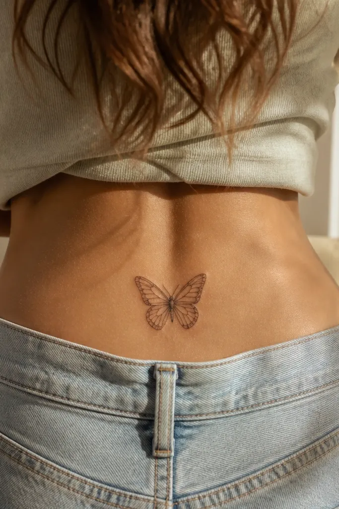 A minimal butterfly on the lower back with thin wings, light warm yellow shading at the tips, and cocoa shadowing under the wing edges.