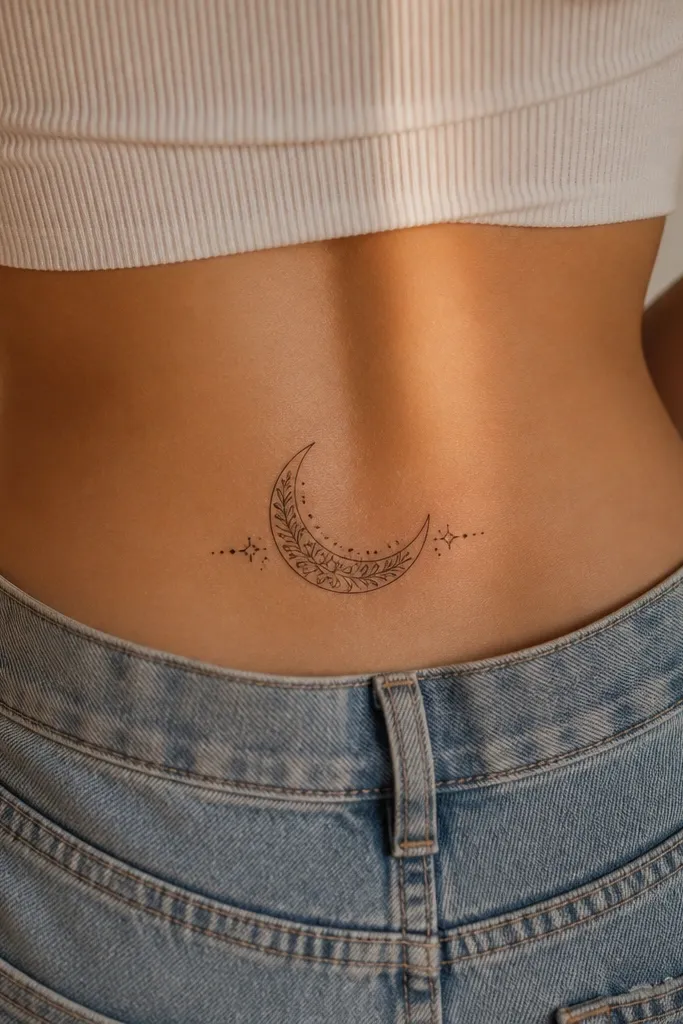 A crescent moon on the lower back with the inside filled with tiny floral linework in warm pink and tan, and a soft gray outline.