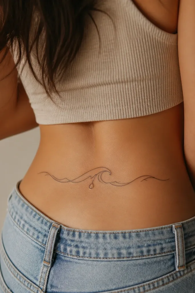 A gentle wave line across the lower back in fine black, with a single pearl drop hanging at the center in pale gray and white shading.