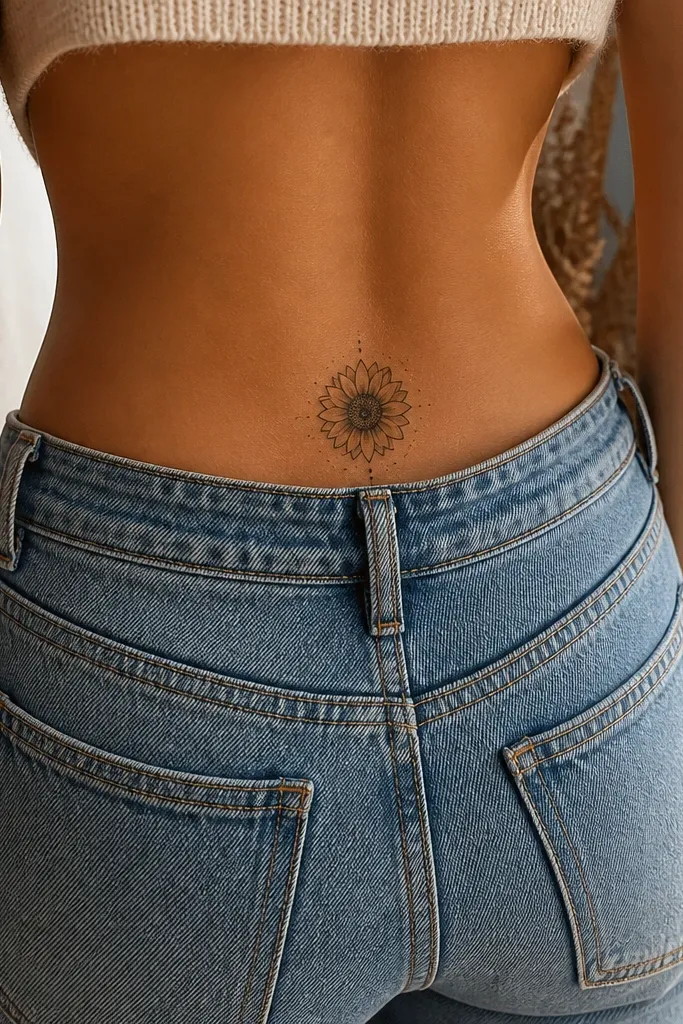 A small sunflower on the lower back with pale yellow petals, warm sepia center shading, and thin green stem lines.