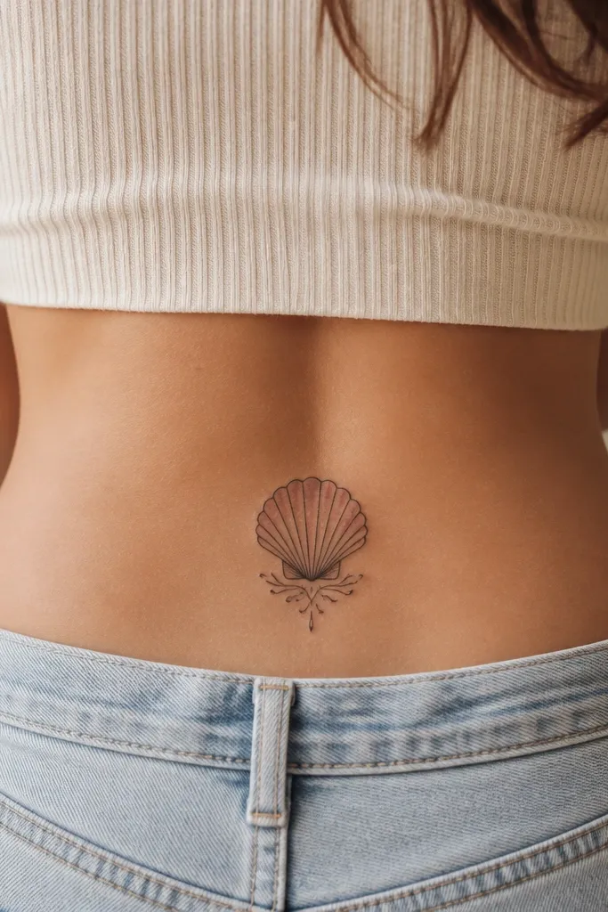 A small seashell on the lower back with fine line contours and a blush ombre edge that fades outward, in black and pale pink.