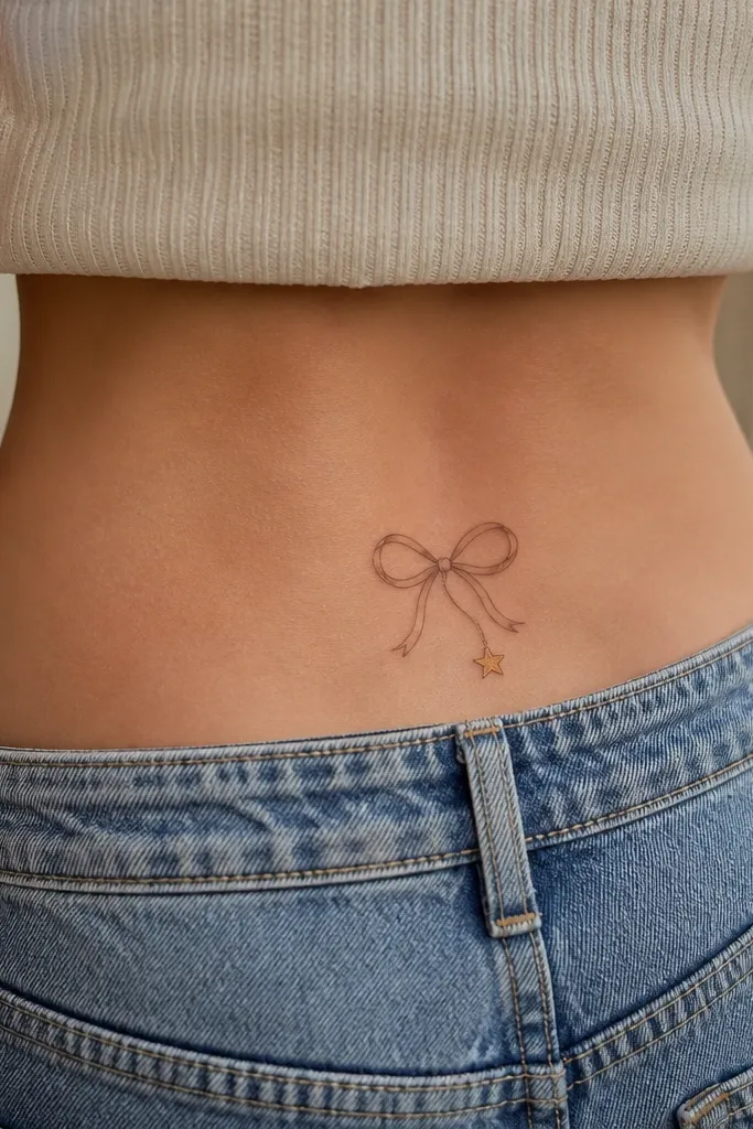 A small bow centered on the lower back with a tiny dusty gold star tucked near the top loop, fine black outlines and minimal shading.