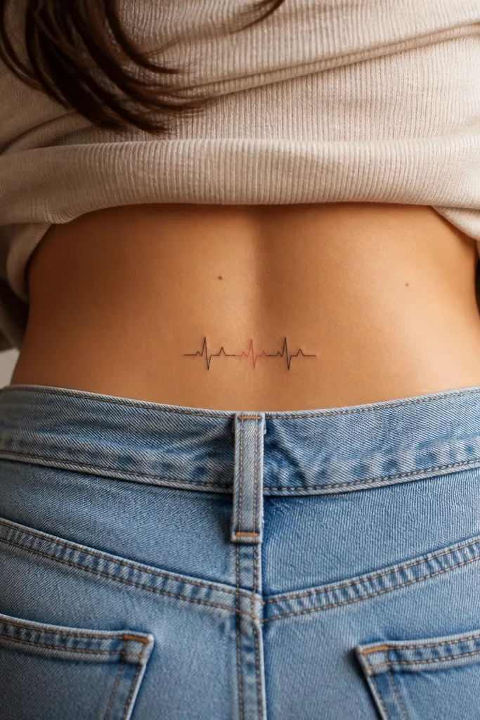 A heartbeat line across the lower back in fine black, ending with a tiny blush pink peak, with a small dotted tail.