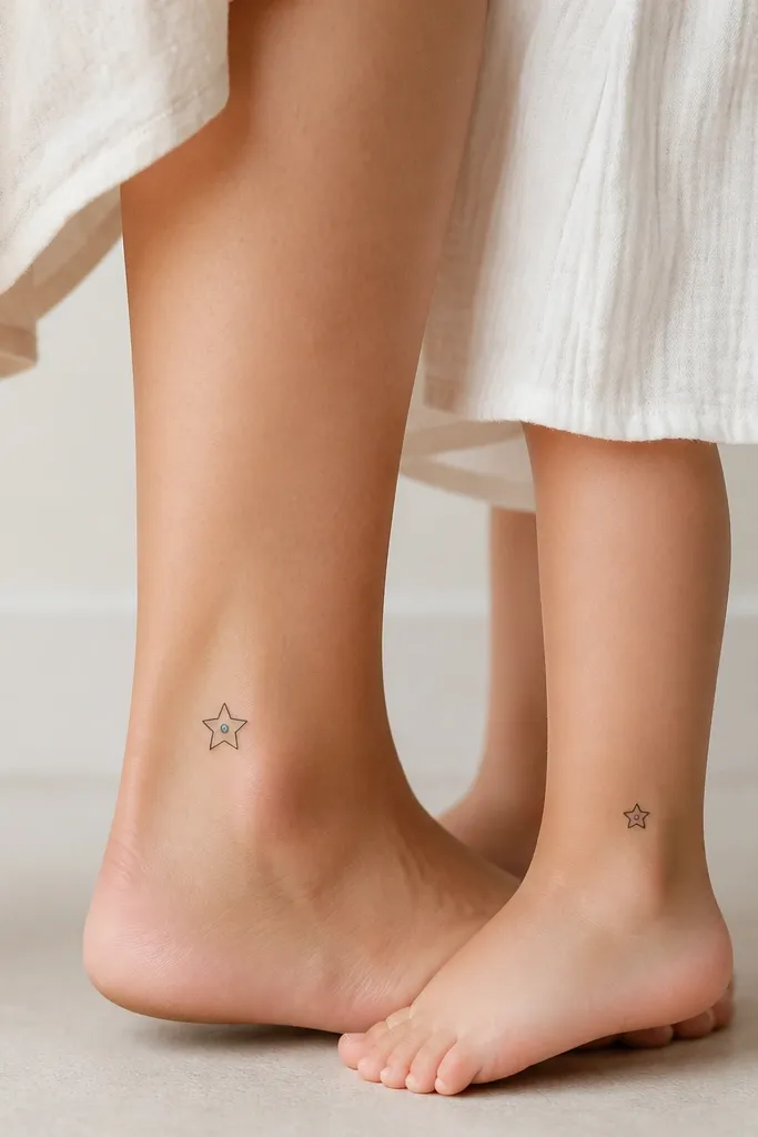 A simple five-point gem shape outlined in black with a single colored dot inside, like a minimal birthstone, on each person's outer ankle. The mom's gem is slightly larger than the daughter's.