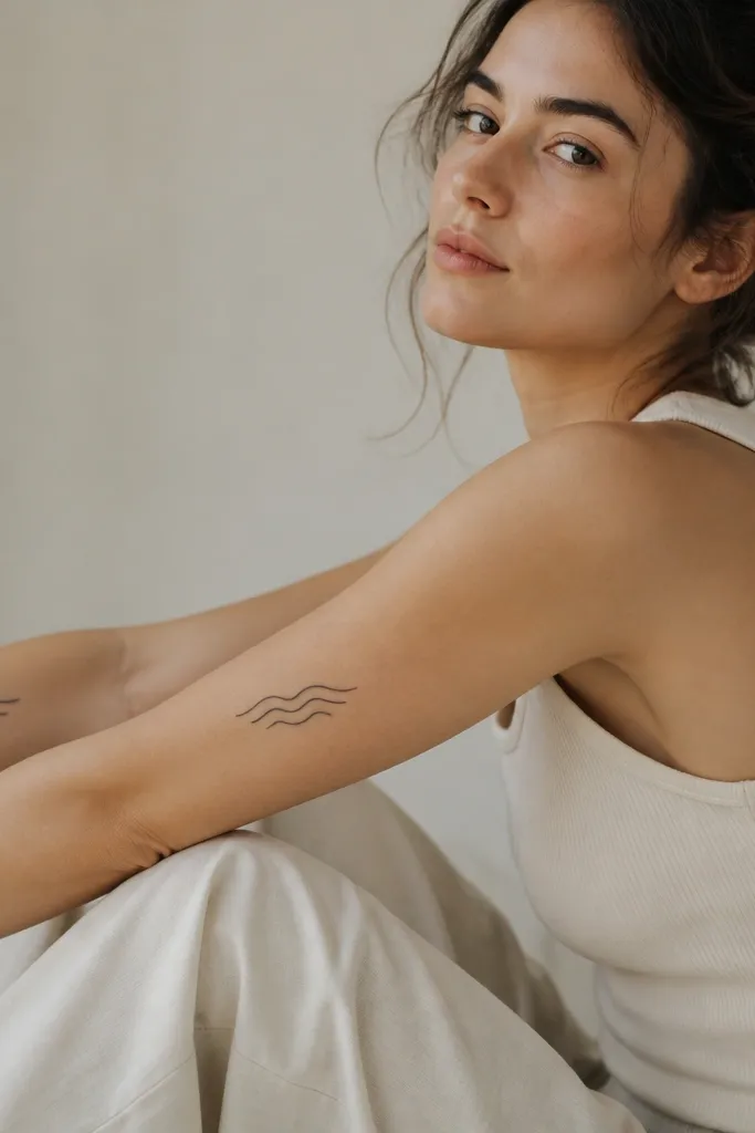 Two sets of three thin wave lines, black ink only, placed on the outer forearms. Each set has the middle wave slightly taller than the side waves.
