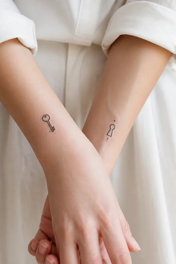 A small minimalist key on one wrist and a matching keyhole on the other, both outlined in black with dot highlights. The key has a rounded head; the keyhole is a simple oval with a small circle.