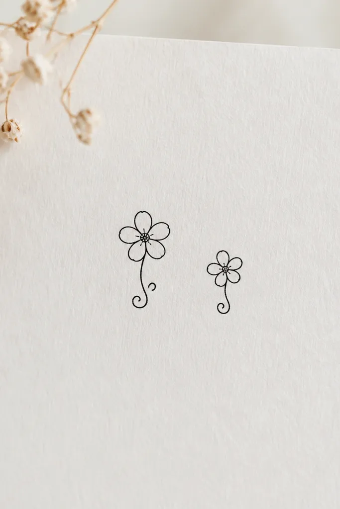 Two micro daisies drawn in black linework with five petals each. The mom's daisy has a small stem curl under it; the daughter's has the same stem curl but a slightly smaller daisy.