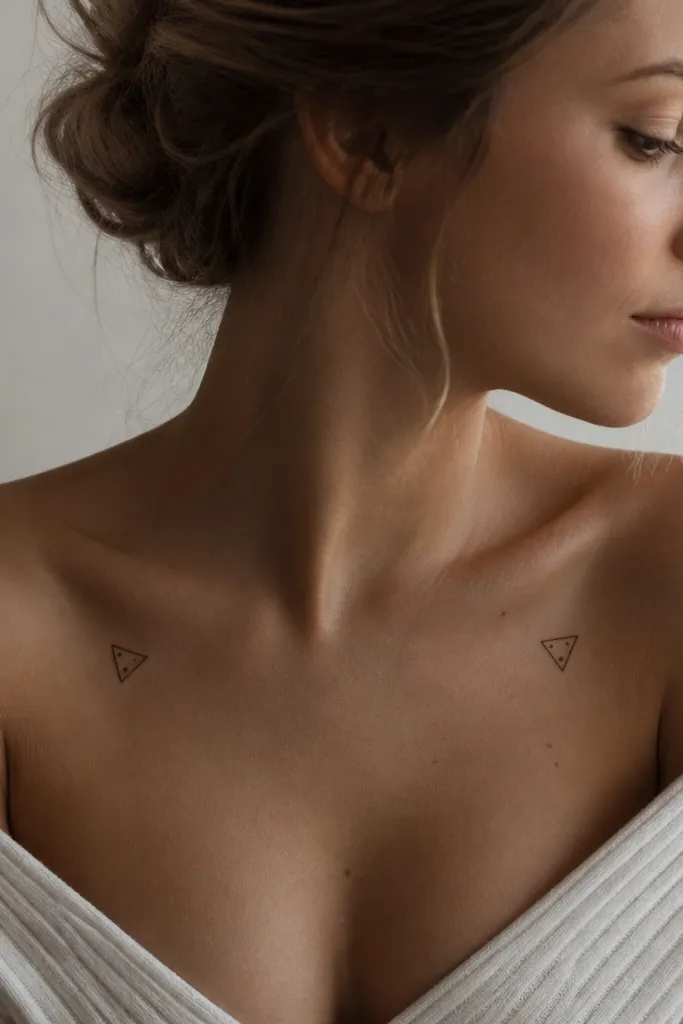 A small black triangle made of three straight lines, with one tiny dot placed near the top edge. One tattoo is on the collarbone; the other is on the upper chest near the same height.