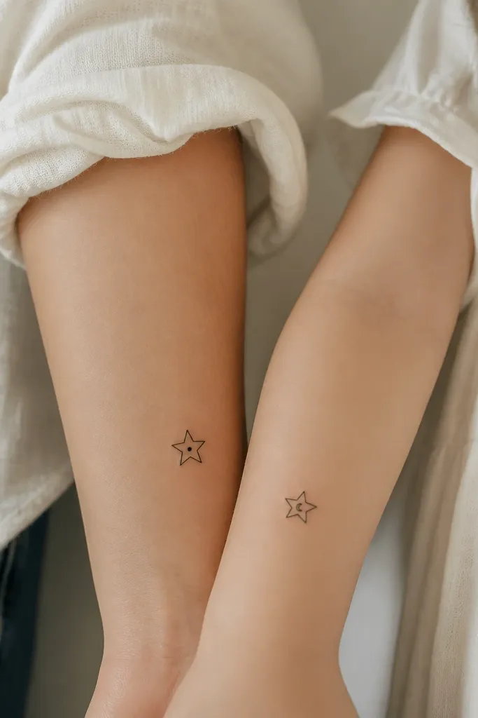 Two small five-point stars in black linework. Mom's star has a dot at one point; daughter's star has a short mini crescent cutout inside.