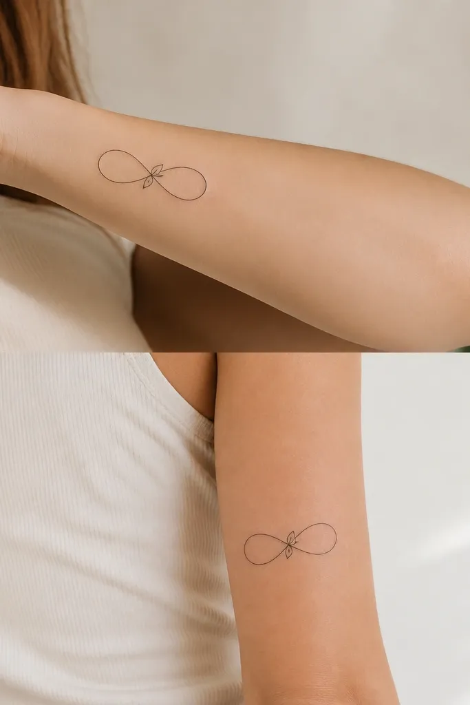 A minimalist infinity symbol in black outline with a small leaf shape inserted at the center crossing. One tattoo is on the inner forearm and the other on the upper arm outer side.