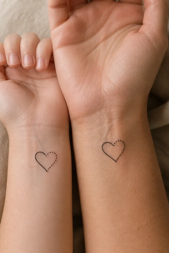 Two tiny hearts outlined in black. Each heart has the top half filled with a few black dots and the bottom half left as clean skin, placed on the upper ribs near the bra line.