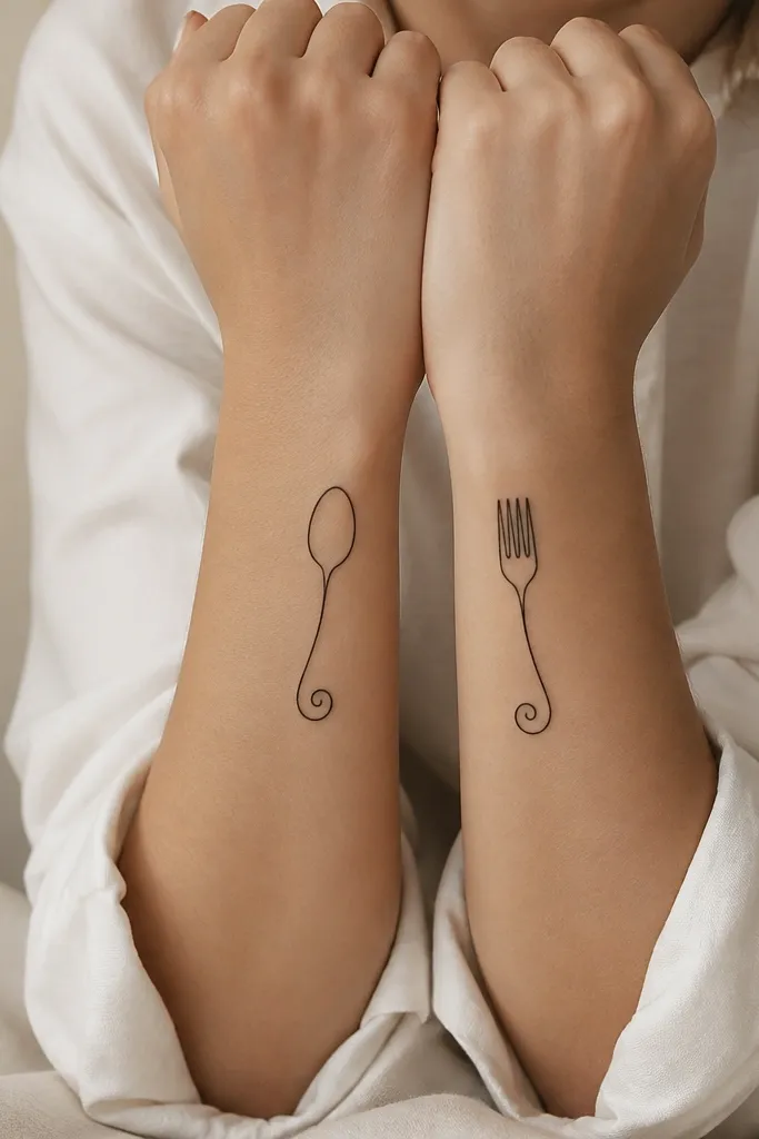 A simple line drawing of a spoon on one wrist and a fork on the other wrist, both in black. The spoon handle and fork handle curl in the same direction.