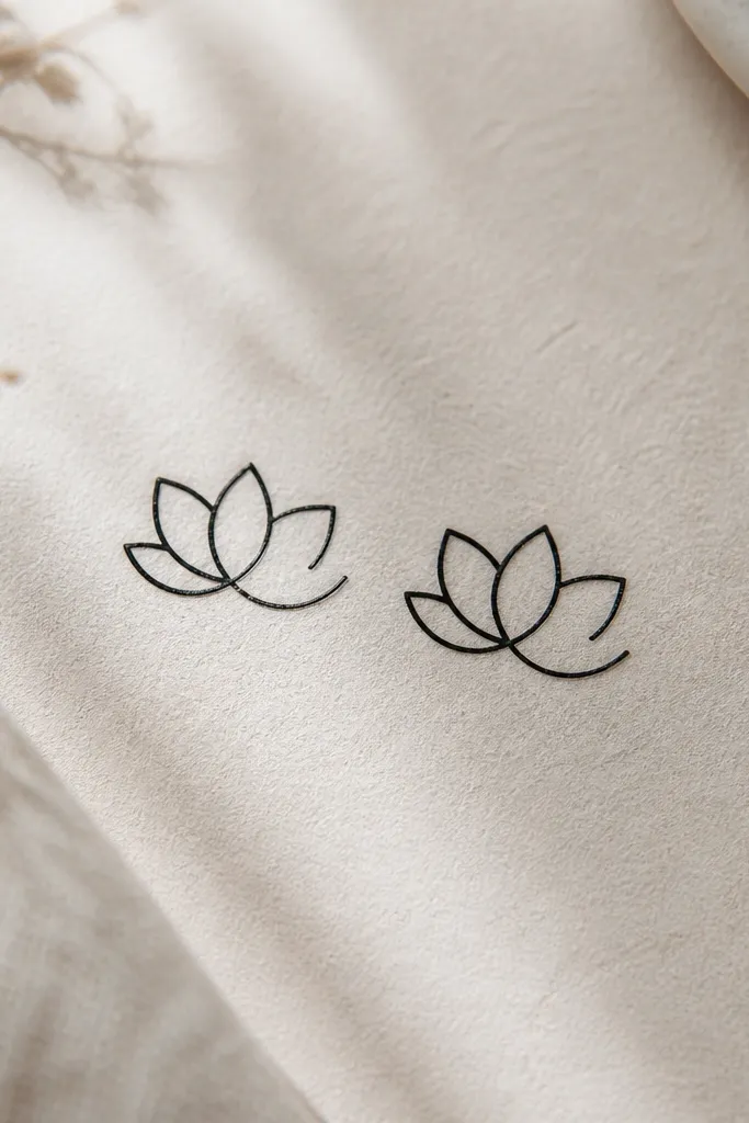 Two small lotus flowers in black outline. Each lotus has five petals, but one petal on each is left open with a small gap, like a simple stencil.