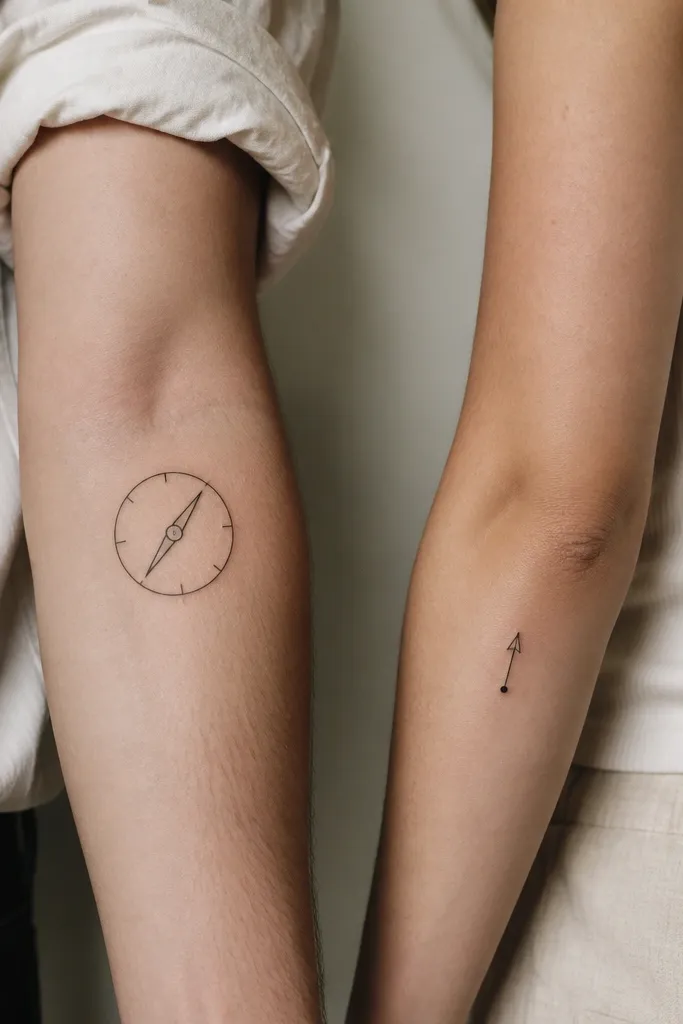 A minimalist compass circle with a single needle on one person's outer forearm, and a small north dot with arrowhead on the other. Both are black linework only.