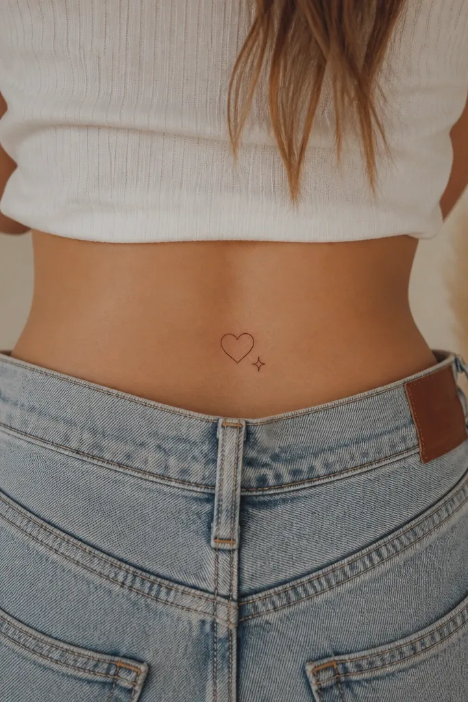 A small black heart centered on the lower spine with two tiny sparkles on the left and right, each sparkle no bigger than a grain of rice.