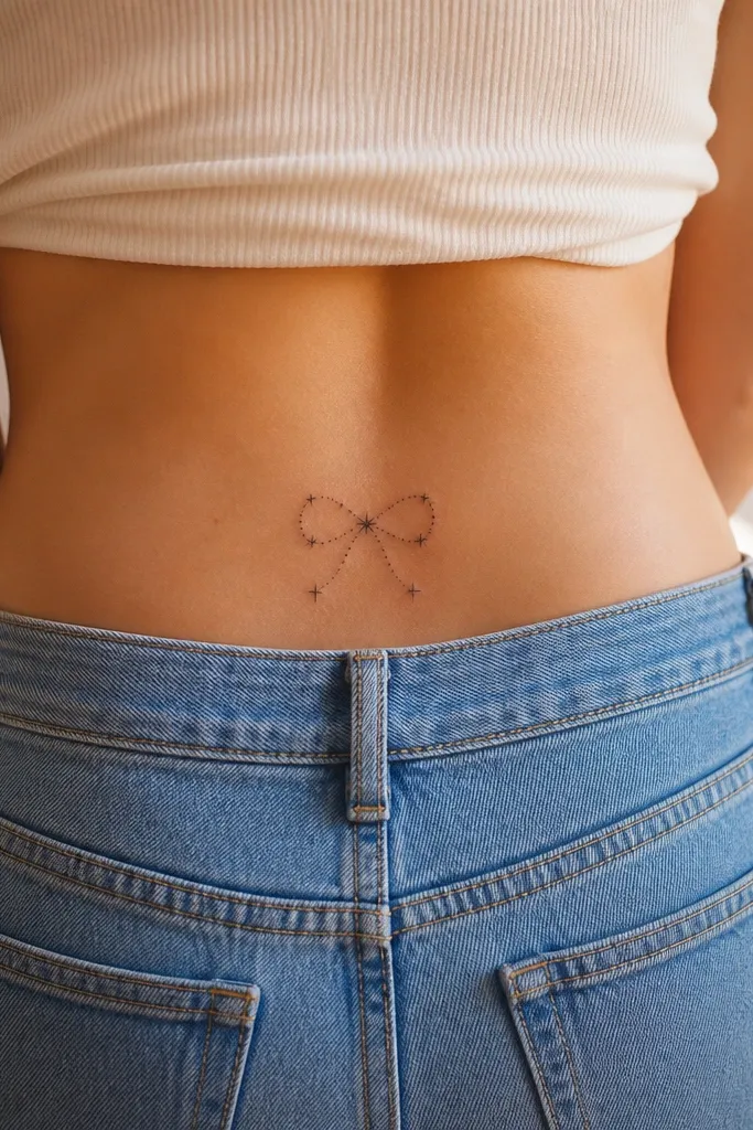 A small curved bow shape made of four dot stars, with two slightly larger dots at the center and short line connections forming a gentle arc.