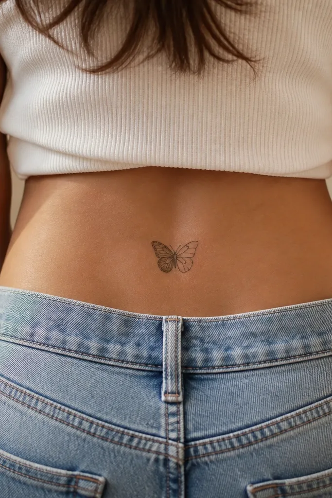A small black butterfly with crisp outlines; the left wing has a light gray gradient while the right wing stays solid black outline only.
