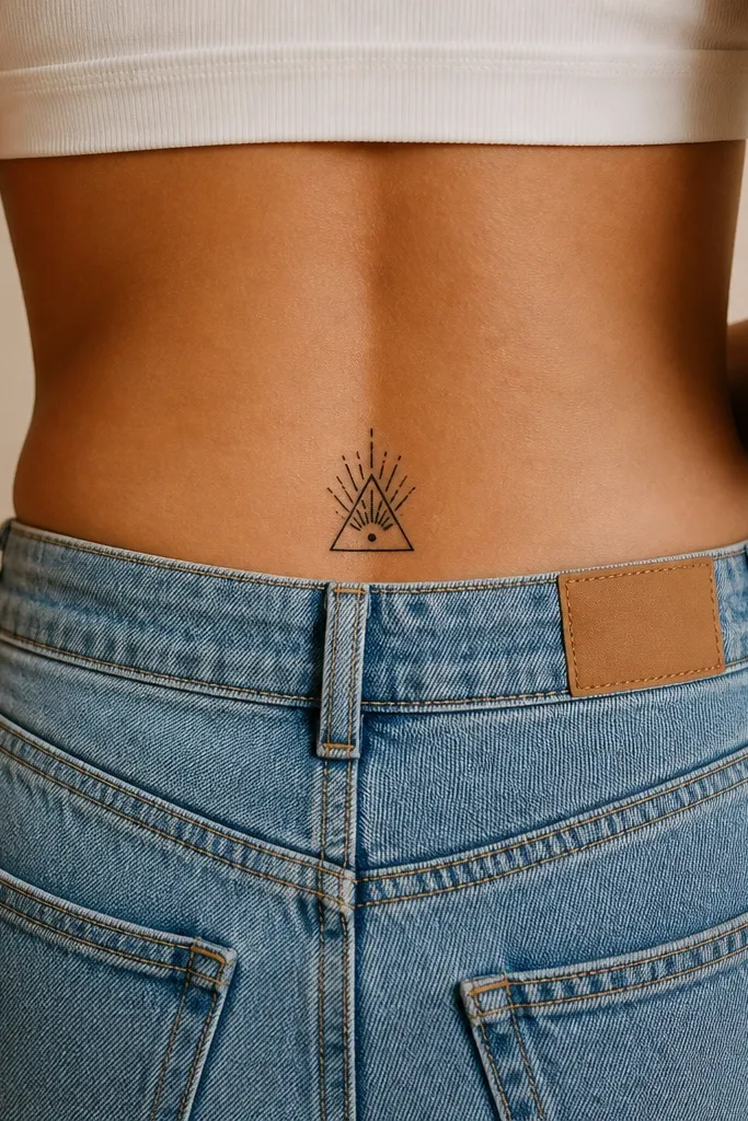 A small triangle pointing down at the center of the lower back, filled with short black rays radiating outward like a minimal sunburst.