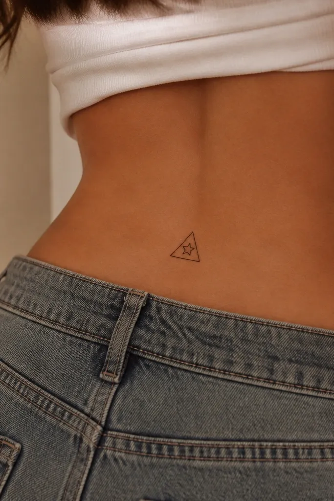 An outline triangle centered on the lower back with two tiny star cutouts inside, the stars left as negative space with no ink fill.