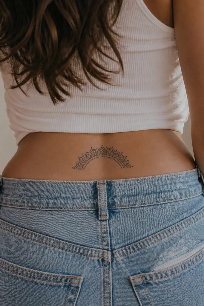 A thin arch line across the lower back with tiny repeated scallops like lace, centered and slightly above the lower-back crease.