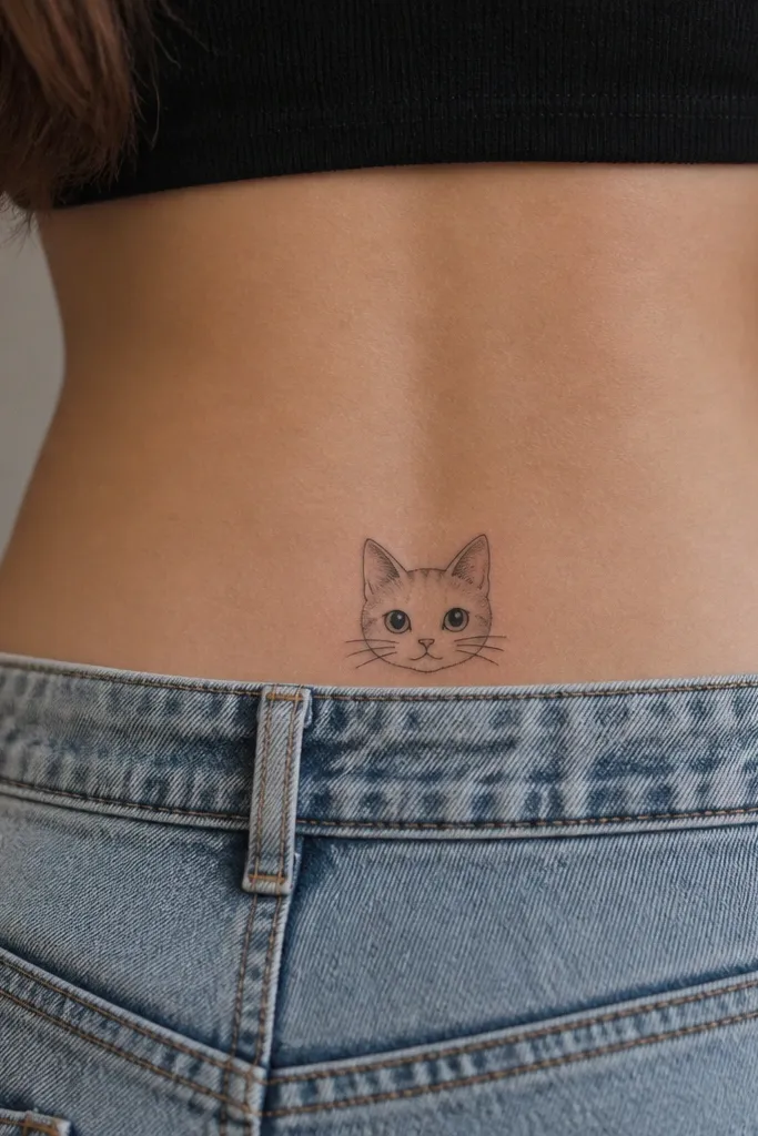 A tiny cat face with two triangular ears, drawn in fine black dotwork for the cheeks and muzzle, centered on the lower spine.