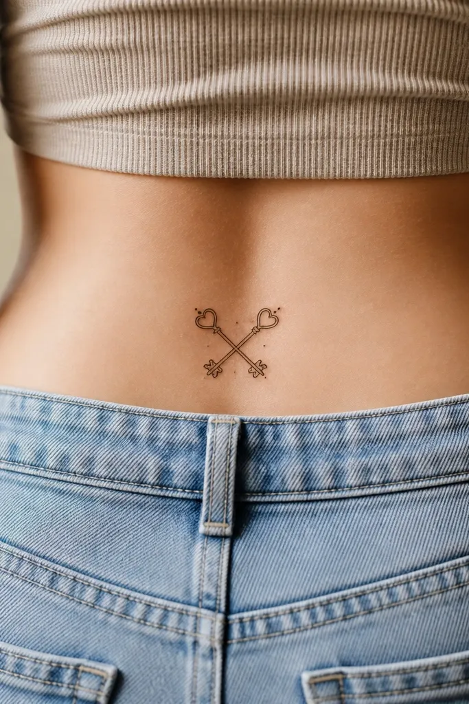 Two small black keys crossed gently above the lower spine, with round key heads and short teeth, the cross angle symmetrical.