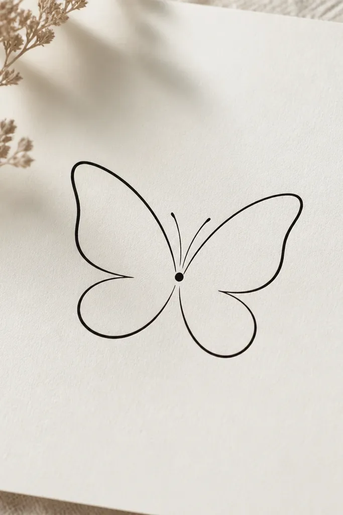 A butterfly made from only two sweeping black lines for each wing, with a tiny dot for the body. No heavy fill, just crisp outlines and a small antenna line.