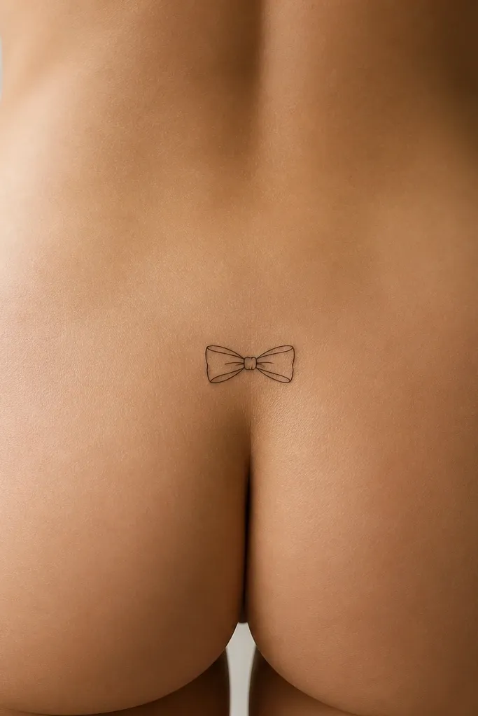 A small bow tie drawn with clean black line art, symmetrical loops on each side and a tiny knot at the center. The bow sits horizontal across the upper inner butt.