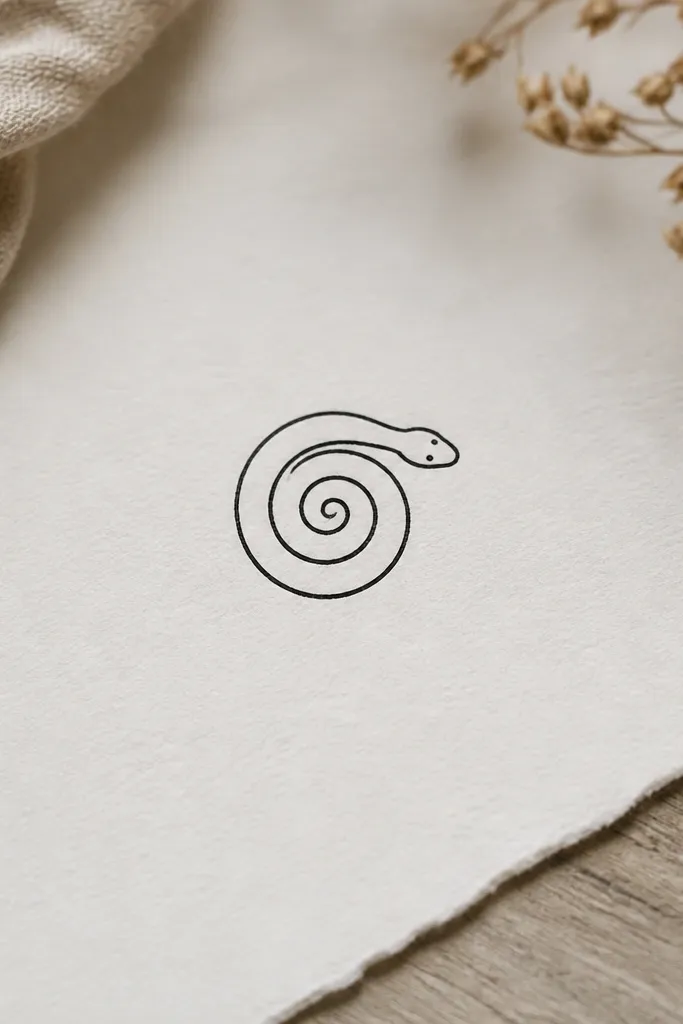 A small snake coil outline in black that forms a tight spiral with a tiny head at one end. The eyes are two small dots, and the rest is linework.