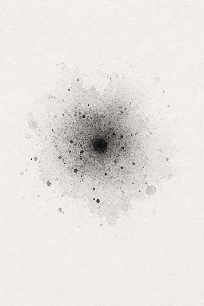 A small cluster of black dots that fade outward like a watercolor splash, with a clean central dot and no colored ink. The center is darker, the edges are lighter.