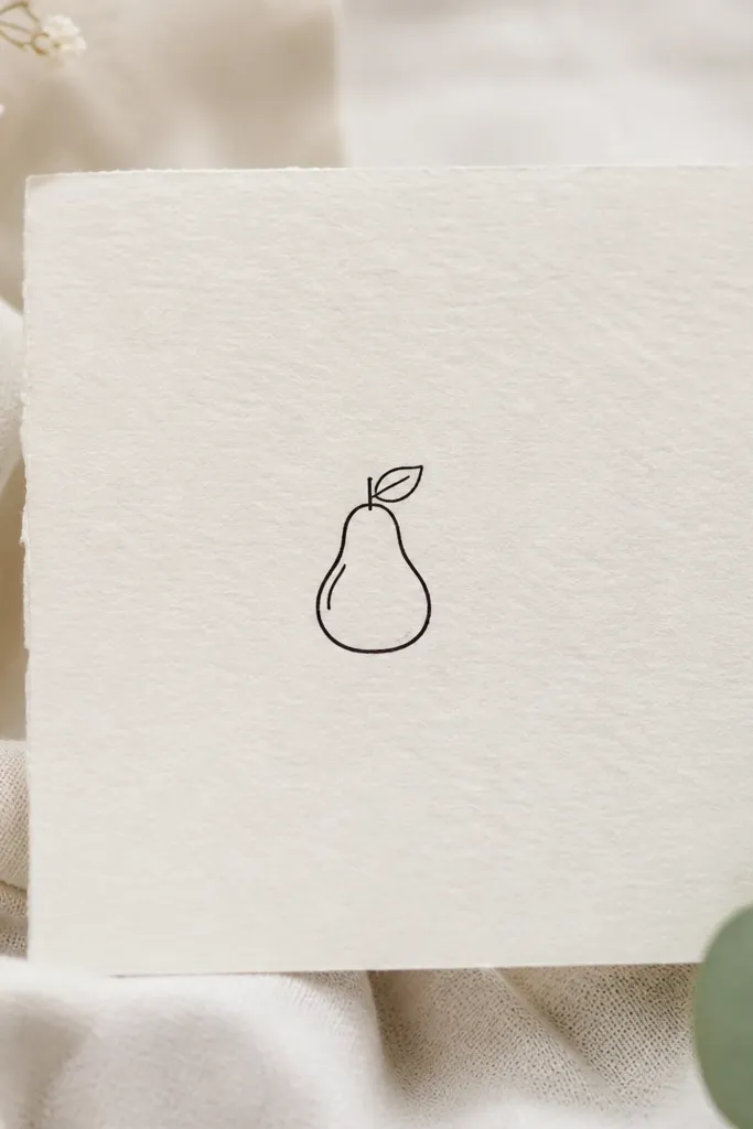 A small pear drawn in black outline, with two tiny internal highlight lines and a small leaf at the top. The pear is about 2 inches tall and centered.