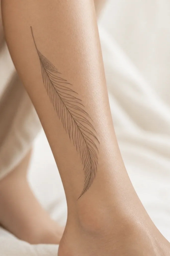 A delicate feather tip curves diagonally down the back of the leg, with fine leaf-like barbs. One section near the quill has a small cluster of dot shading.