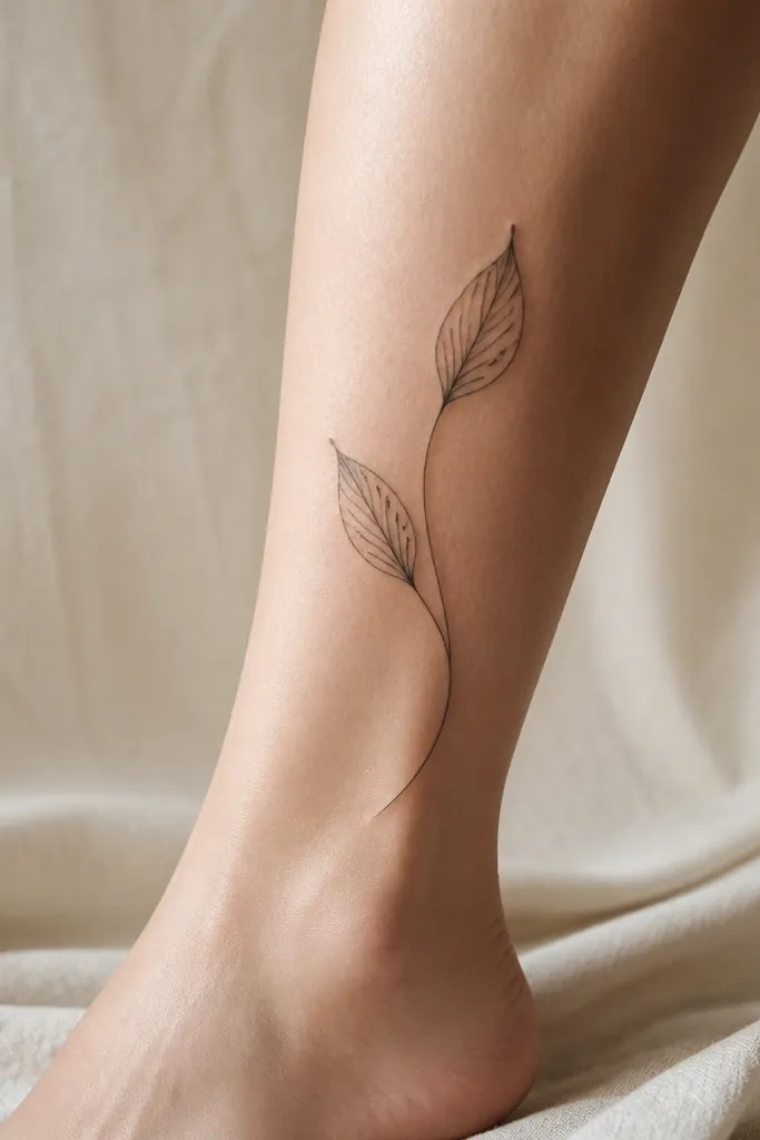 A small sprig with two leaves and a thin stem wraps along the calf curve. The leaves have simple line veins and small teardrop accents near the tips.