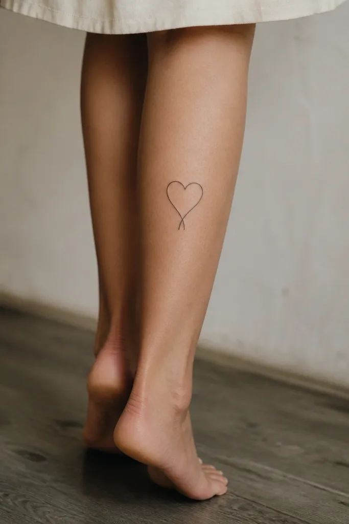 A one-line heart outline sits on the inner calf. The bottom point has a small fork, like two lines that separate slightly before ending.