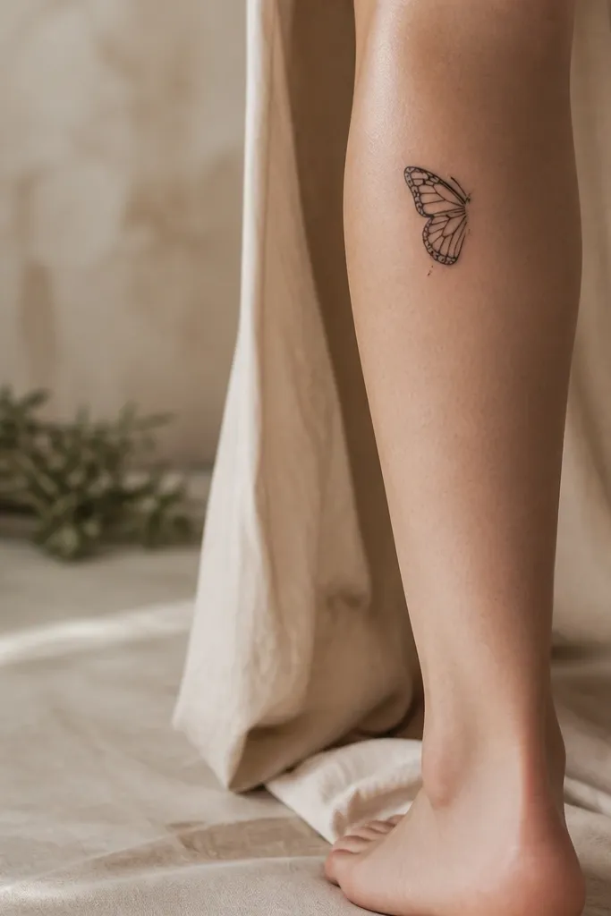 A small butterfly wing silhouette sits near the upper outer calf. The outer edge has fine dot speckles, and the inner edge has a curved line pattern.