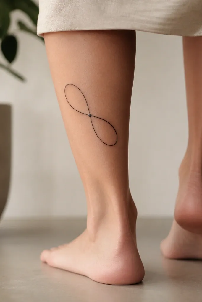 An infinity symbol sits diagonally on the back of the calf. Near the center where the loops cross, there's a single small filled dot like a gem.
