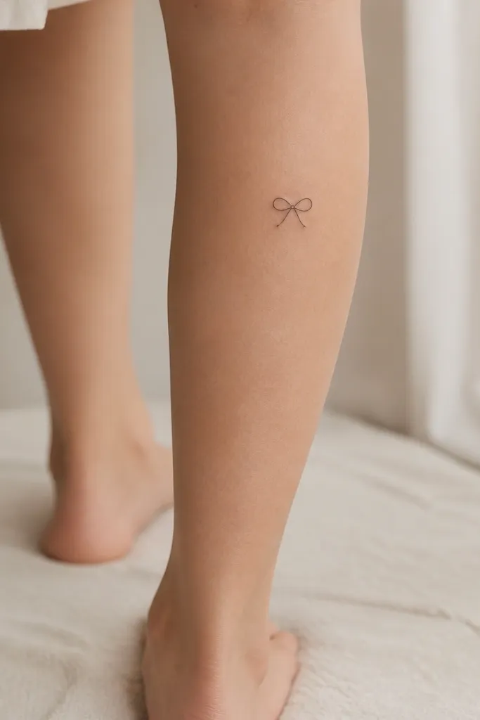 A tiny bow with thin outlines sits on the upper back of the calf. Inside each loop are two short line segments like lace folds.