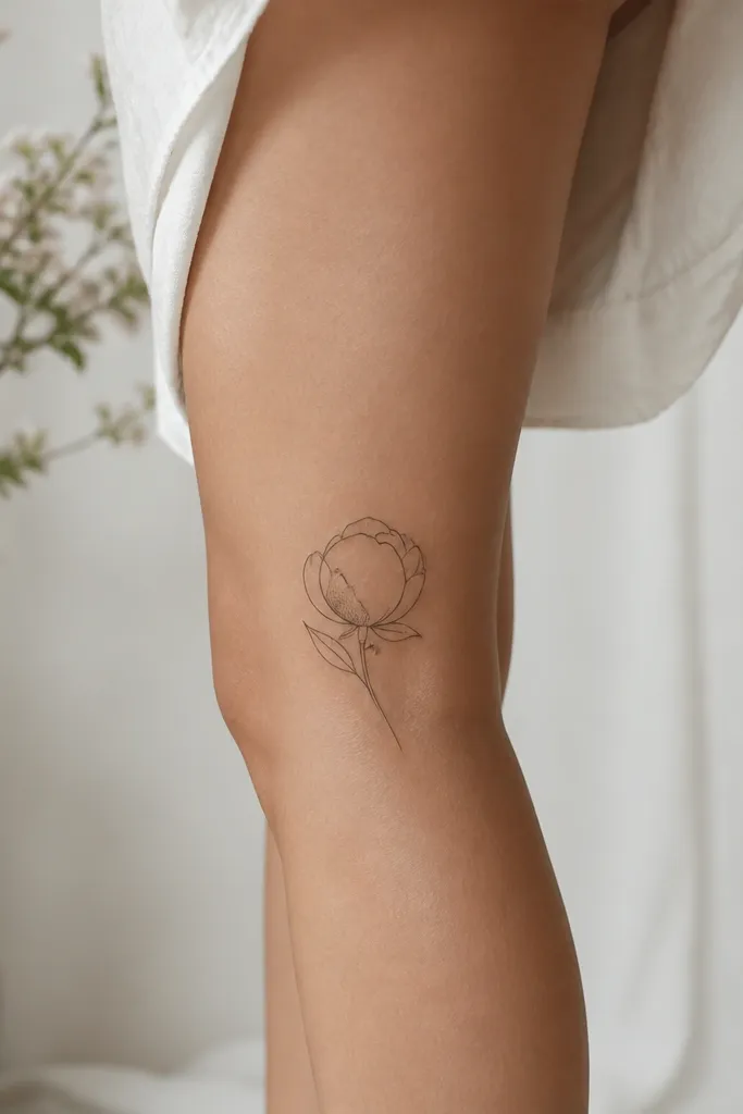 A small peony bud outline sits along the back of the leg. The petals are drawn with thin curved lines, and one petal has a small cluster of soft dot shading.