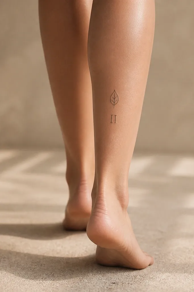 A small leaf outline sits above a pair of Roman numerals on the back of the calf. The numerals are thin and evenly spaced.