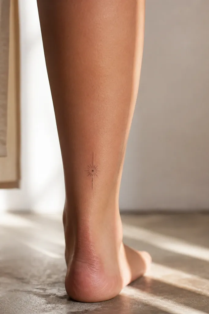 A small sunburst sits low on the outer calf. It's drawn with thin lines radiating from a dot center, with only two longer rays and the rest shorter.