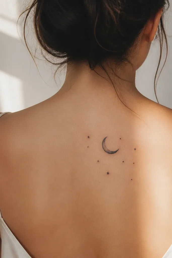 A small black crescent moon on the upper back, slightly off-center, with a few tiny five-point stars scattered around it using micro dot shading.