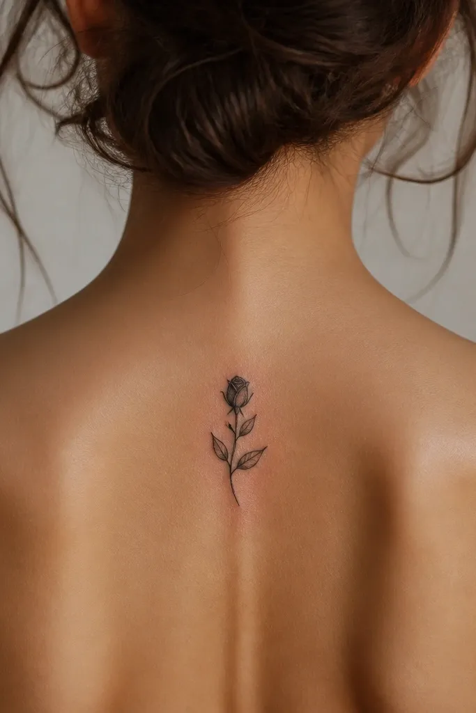 A small black rosebud with three petals barely separated, aligned along the spine on the upper back, with tiny leaf veins etched in fine lines.