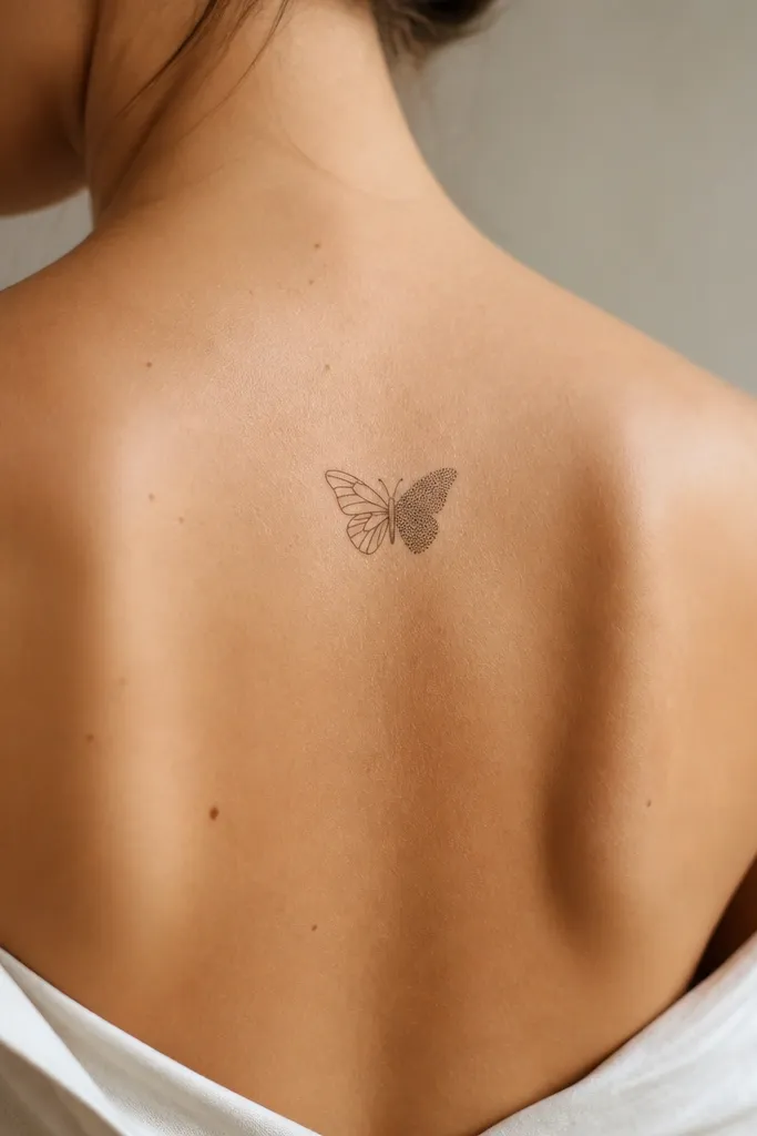 A micro butterfly with one wing drawn with a few clean lines and the other wing filled with tiny dots, placed on the upper outer shoulder blade.