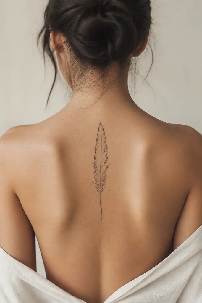 A slim feather drawn in black on the upper center back, with barbs outlined in fine lines and lots of empty space inside the feather shaft.