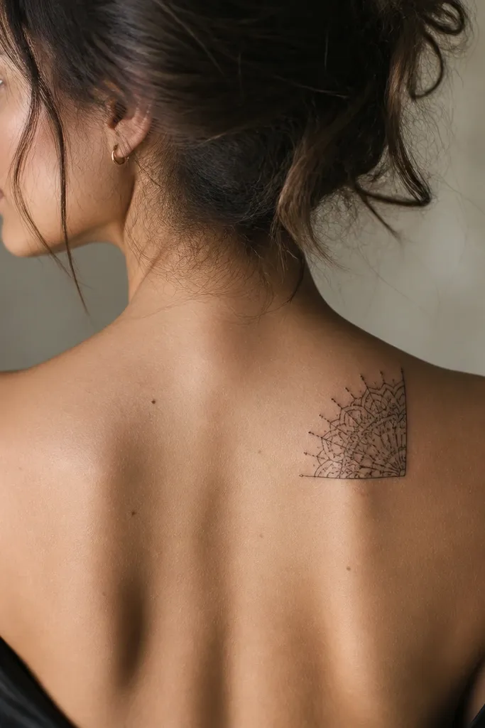 A small quarter-circle mandala on the upper outer back, with delicate radial lines and tiny dots at the ends, like a half doorknob pattern.