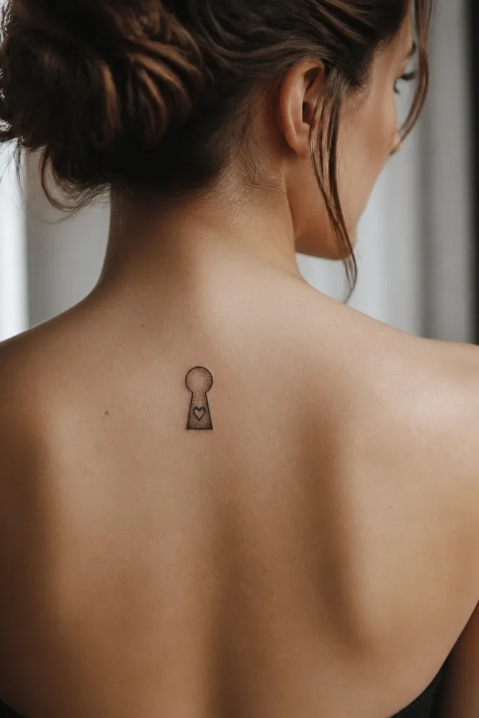 A tiny keyhole drawn in black on the mid-upper back, with a small heart shape inside the keyhole and minimal dot shading around the heart.