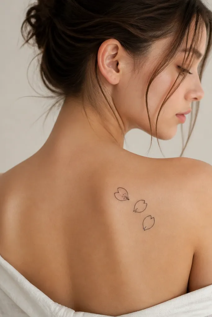 Three small cherry blossom petals in black linework on the upper outer back, with one petal having a subtle light pink wash and tiny dots in the center.