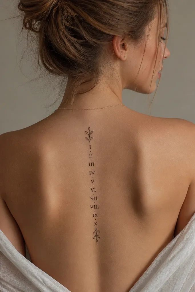 Small Roman numerals arranged vertically on the upper back, with leaf-like flourishes at the top and bottom, drawn in black fine linework.