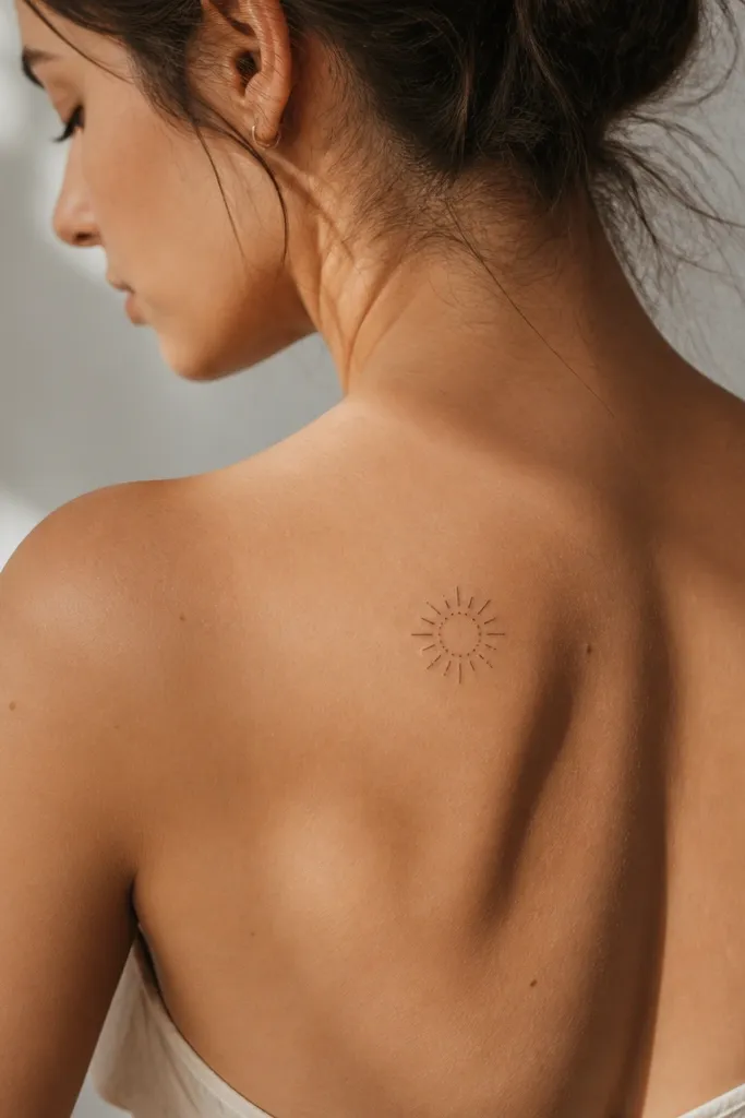 A small sunburst drawn as a circle of tiny dots with short line rays, placed on the upper outer back near the shoulder blade.